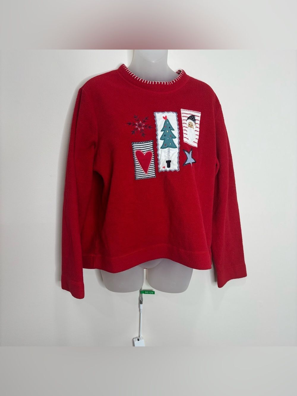 Vintage 90s Red Holiday Patch Fleece Sweater kids large women’s small festive